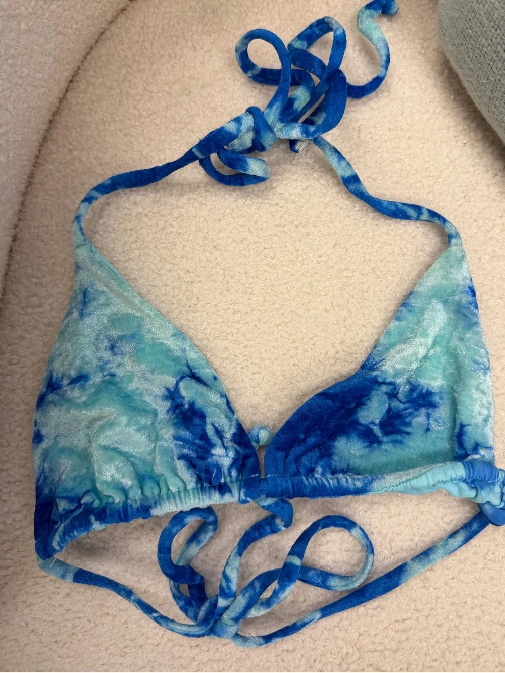 FRANKIES BIKINIS Nicola Top in Aqua Sz L EUC Velour Beach Pool Swim Tie Dye